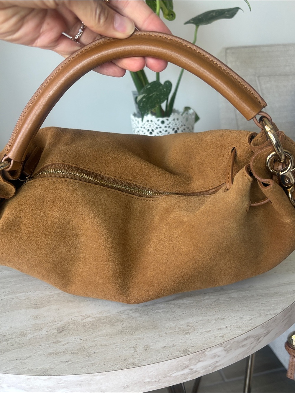 The Camren Gathered Shoulder Bag in aged cognac suede - Picture 14 of 16